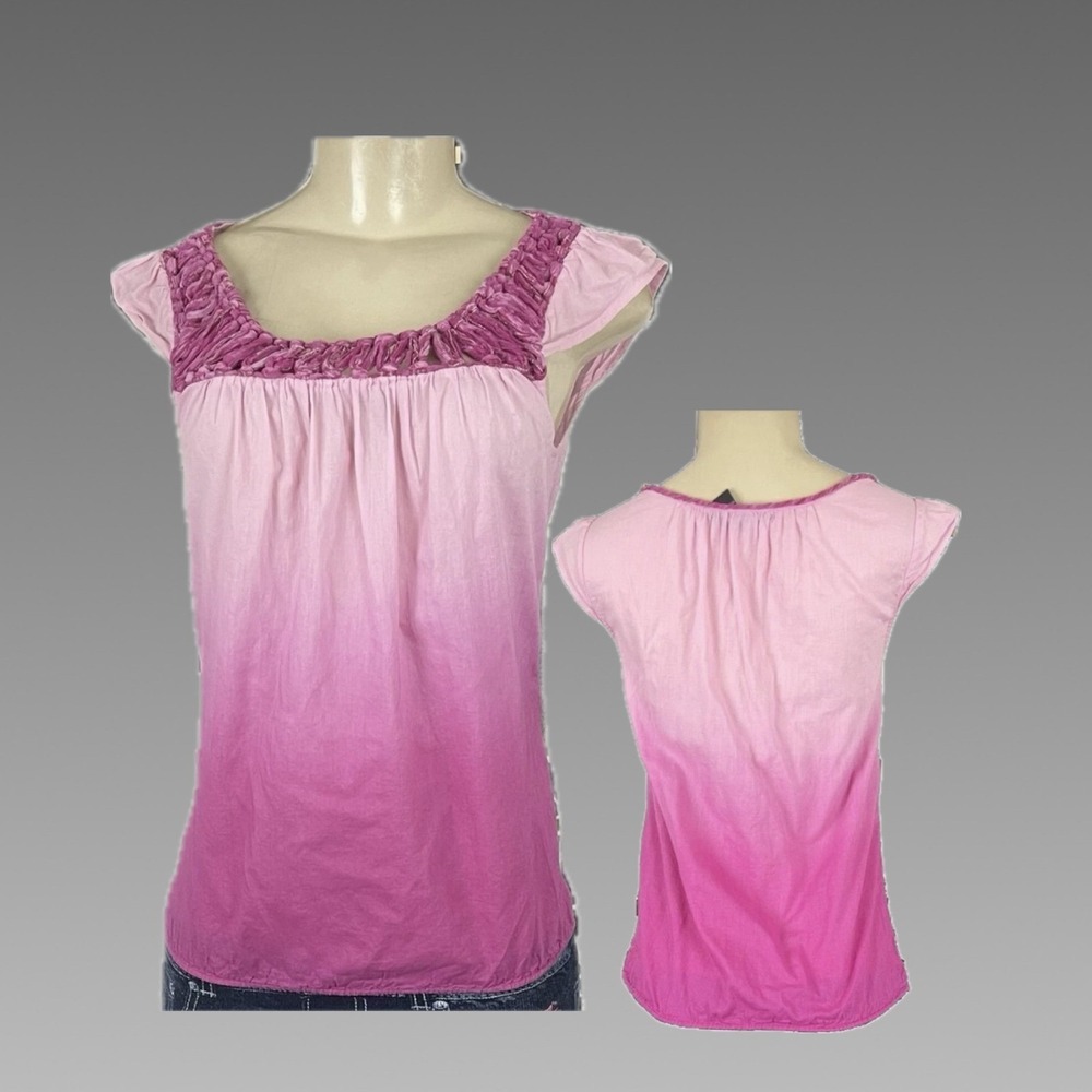 Lucky Brand XS Pink Ombre Gradient 100% Cotton Top Boho Braided Trim Cap Sleeve